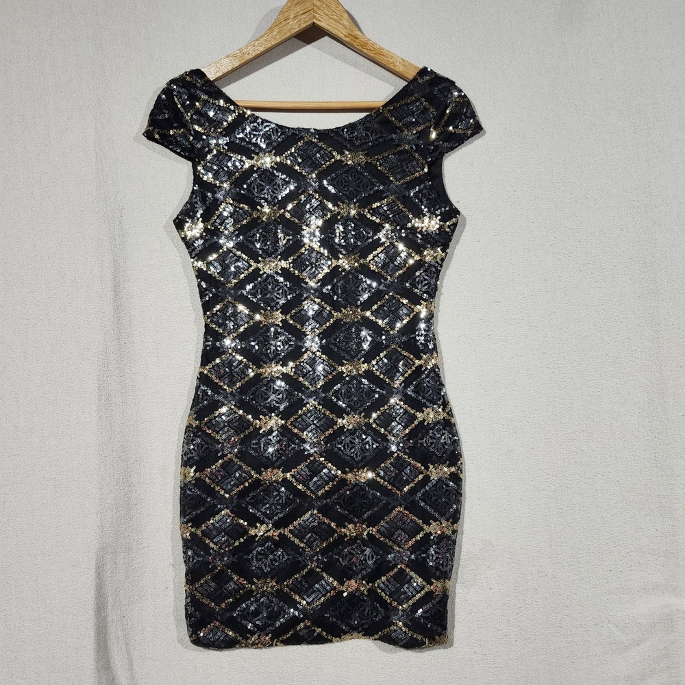 Luxmi Womens Dress‎ S Black Gold Silver Sequin Sleeveless Party Cocktail HOCO